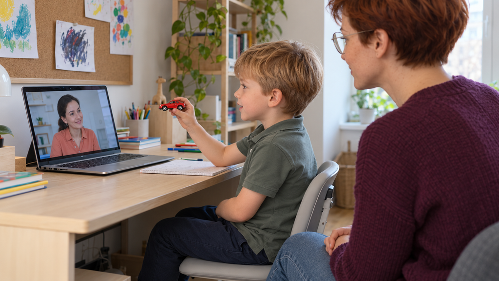 The child shows the teacher a toy car himself; the mother sits calmly next to him.