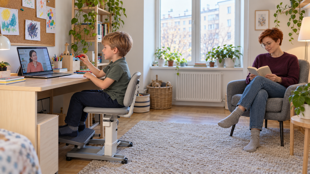 The boy answers the teacher while his mother is reading a book a little further along in the same room.