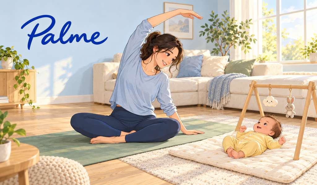 Mother doing a gentle seated stretch beside her baby in a sunlit living room, with the Palme logo on the wall.