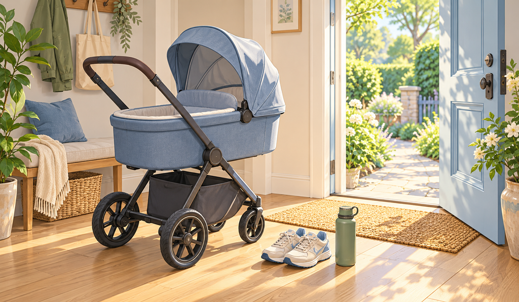 A blue stroller beside an open front door, with walking sneakers and a green water bottle on the sunlit entryway floor.