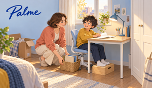 Mother arranging books beside her son at a small study desk, with a task lamp, footrest and the Palme logo.