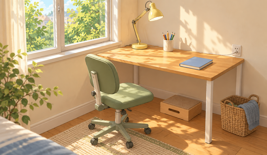 A wooden desk beside a sunny window, with a green adjustable chair, yellow lamp, pencil cup and a small footrest.