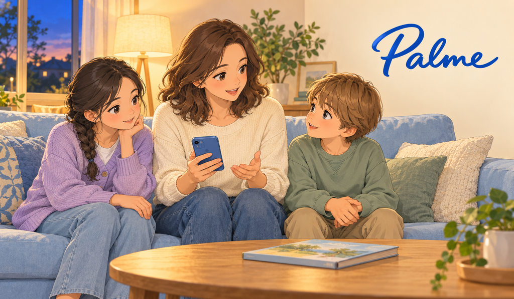 Mother discussing phone use with her daughter and son on a sofa, with the Palme logo in the background.