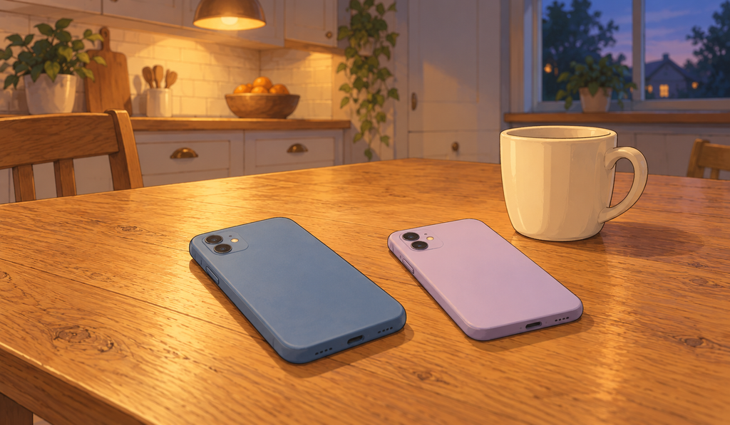Two phones in blue and lavender cases lying face down beside a cream mug on a wooden kitchen table in warm evening light.