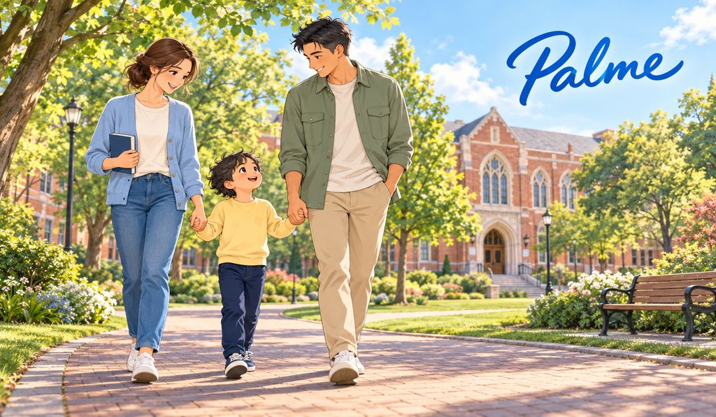Parents walking hand in hand with their young son on a leafy college campus, with the Palme logo above.