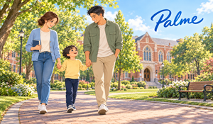 Parents walking hand in hand with their young son on a leafy college campus, with the Palme logo above.