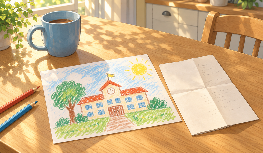 A child’s drawing of a school beside a creased planning sheet and a blue mug on a sunlit kitchen table.