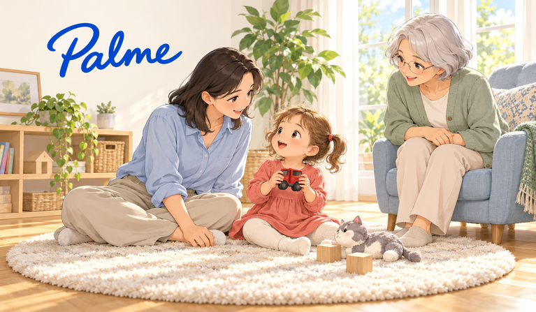 A toddler holding a red toy car while her mother and grandmother listen, with the Palme logo on the wall.