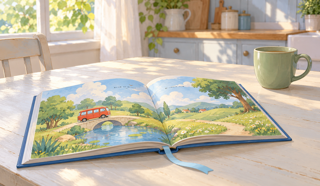 An open children’s picture book with a countryside illustration beside a green mug on a sunlit kitchen table.