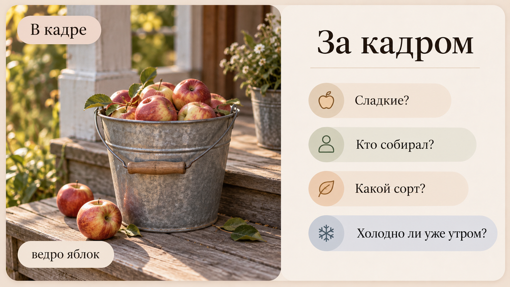 Редакционная карточка показывает разницу между тем, что уже видно на фотографии, и тем, о чем можно спросить. Слева — ведро яблок на крыльце как то, что находится «в кадре», справа — вопросы «Сладкие?», «Кто собирал?», «Какой сорт?» и «Холодно ли уже утром?» как то, что осталось «за кадром».