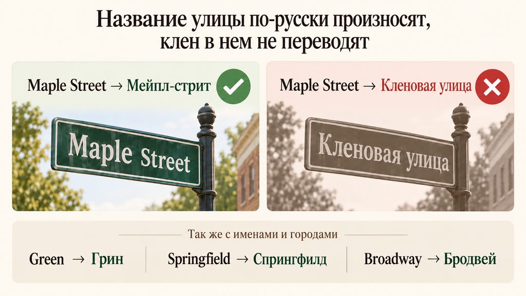 Карточка показывает, что название улицы при русской речи не переводят дословно. Maple Street превращается в «Мейпл-стрит», а вариант «Кленовая улица» отмечен как неправильный; ниже приведены похожие примеры с Green, Springfield и Broadway.