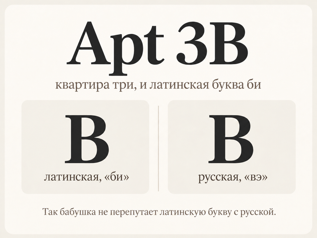 Карточка показывает, как прочитать Apt 3B по-русски: «квартира три, и латинская буква би». Ниже рядом стоят одинаково выглядящие латинская B и русская В, чтобы было понятно, почему при диктовке важно назвать именно латинскую букву.