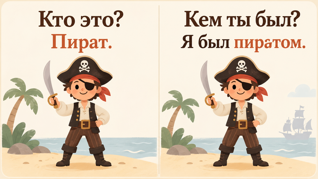 Карточка показывает разницу между коротким ответом на вопрос «Кто это?» и полным ответом на вопрос «Кем ты был?». Слева написано «Пират», справа — «Я был пиратом», а один и тот же рисунок пирата в обеих половинах помогает сразу увидеть, как меняется слово.