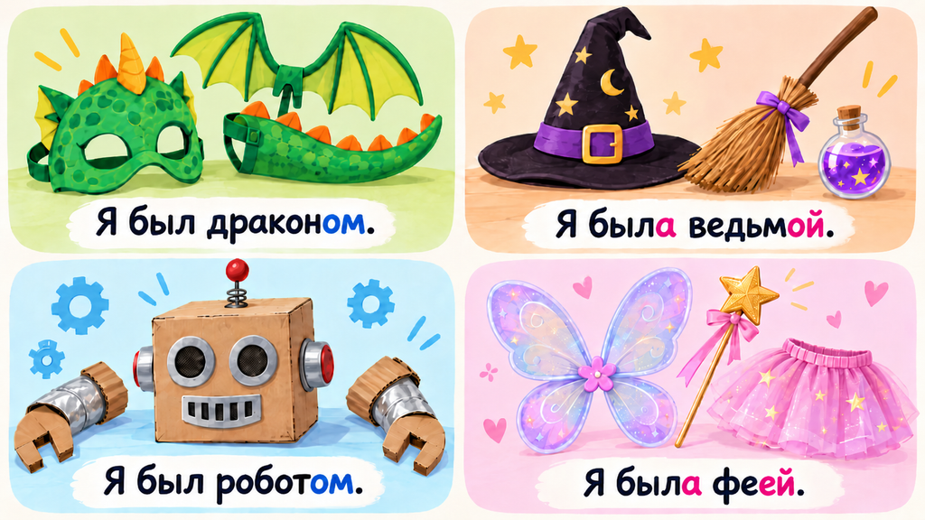 Карточка показывает четыре варианта ответа на вопрос «Кем ты был?»: «Я был драконом», «Я была ведьмой», «Я был роботом», «Я была феей». Вместо детских лиц используются детали костюмов, а цветом выделены окончания слов, чтобы форма ответа была заметна сразу.