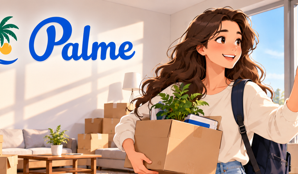 Young woman carrying a moving box in a new home with the Palme logo