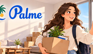 Young woman carrying a moving box in a new home with the Palme logo