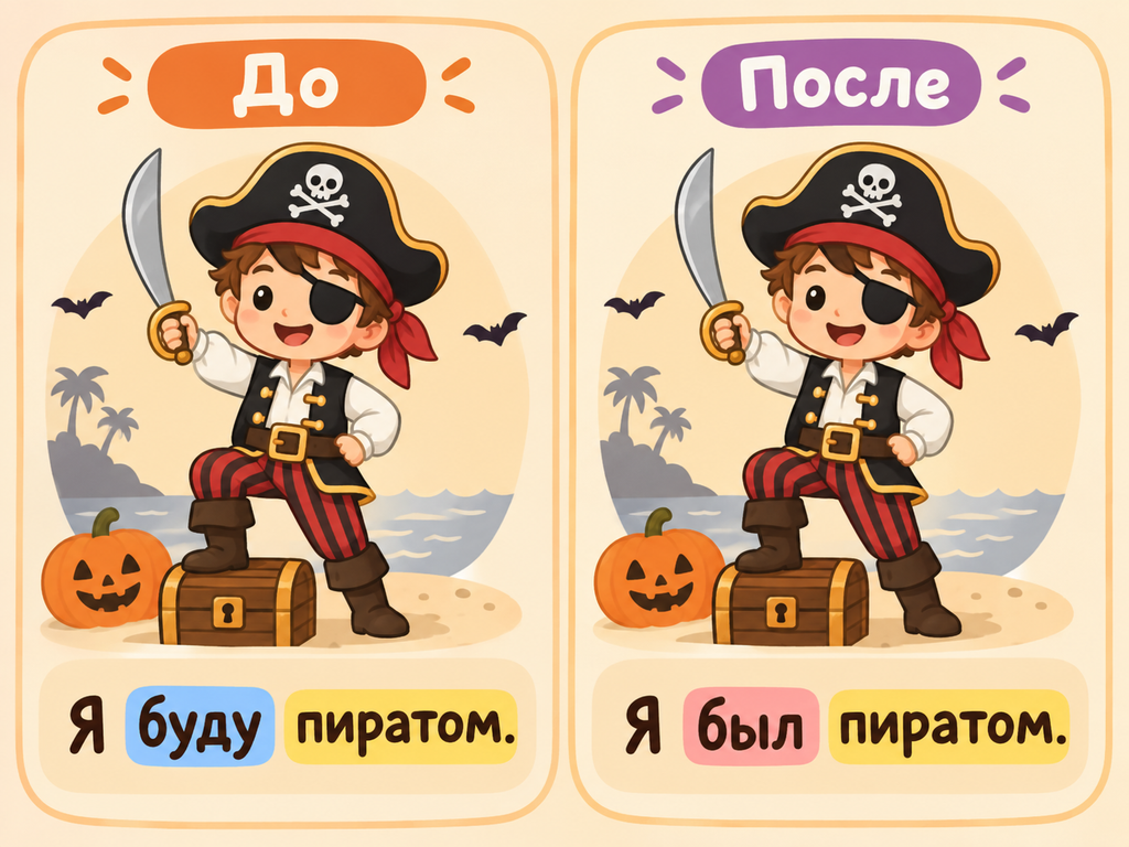 Парная карточка показывает, как одна и та же мысль звучит до и после праздника. Слева — «Я буду пиратом», справа — «Я был пиратом», при этом слово «пиратом» выделено одинаково, чтобы было видно: меняется только время.