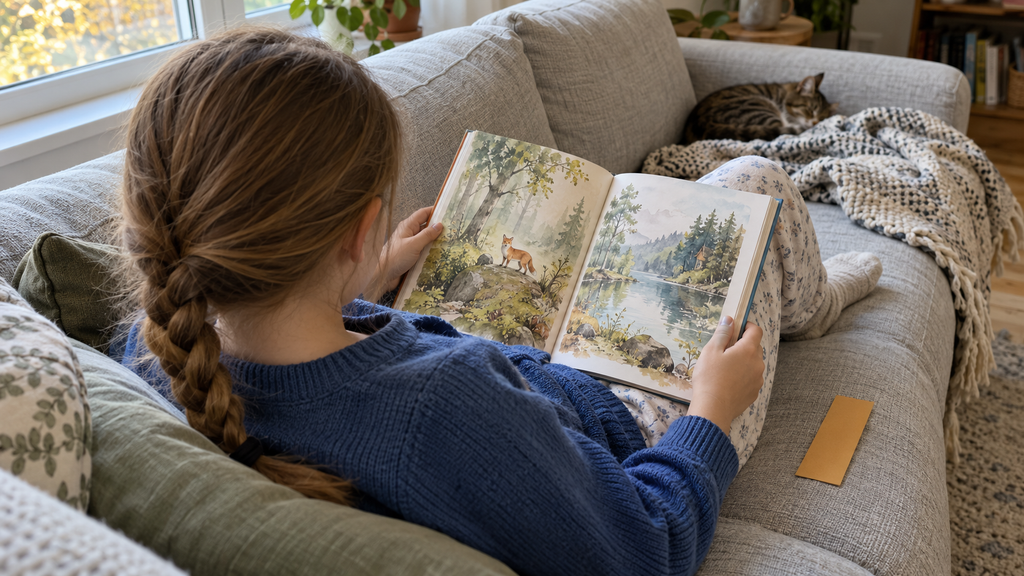 Девочка с открытой книгой на диване у окна, рядом лежит желтая закладка