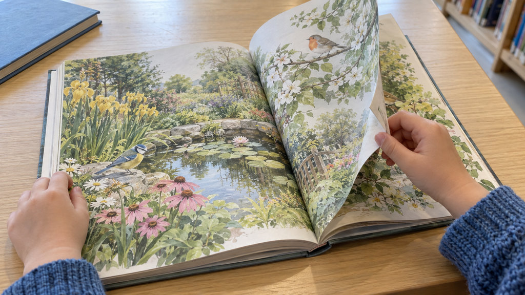 Ребенок переворачивает страницу книги с акварельными иллюстрациями птиц и сада