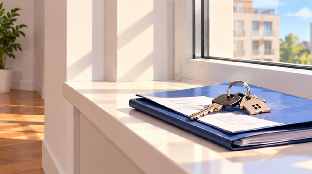 House keys resting on a folder with documents beside a sunny apartment window
