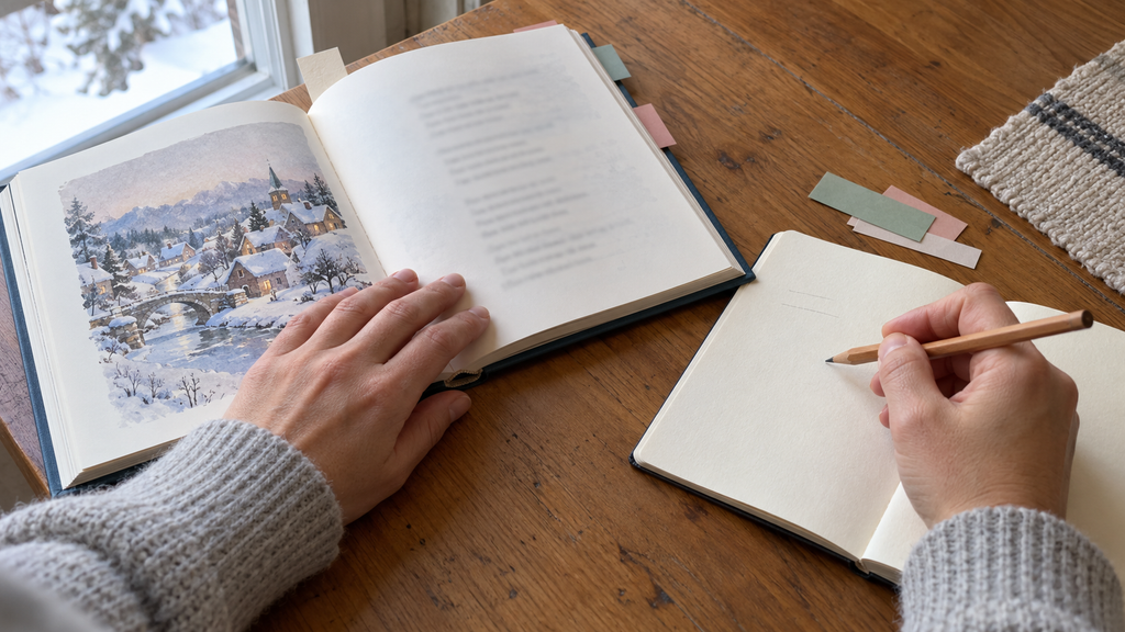 Руки взрослого, раскрытая книга, блокнот и карандаш на деревянном столе.